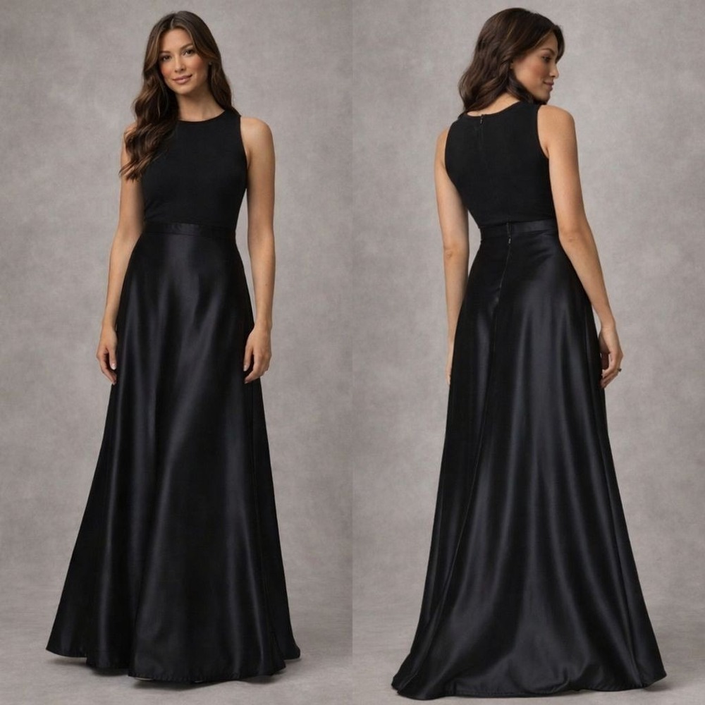 TADASHI Black Satin Maxi Skirt‎ US 8 Cut Elegant Formal Evening USA Made 455598L